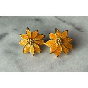Vintage Avon Poinsettia Yellow Orange Sparkle Enamel Gold Tone Clip On Earrings